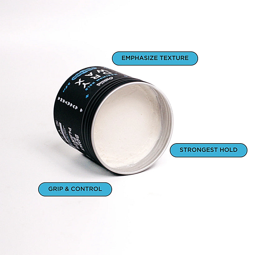 O'DOUDS Dry Wax: tarro abierto con etiquetas de textura, fijación fuerte y agarre