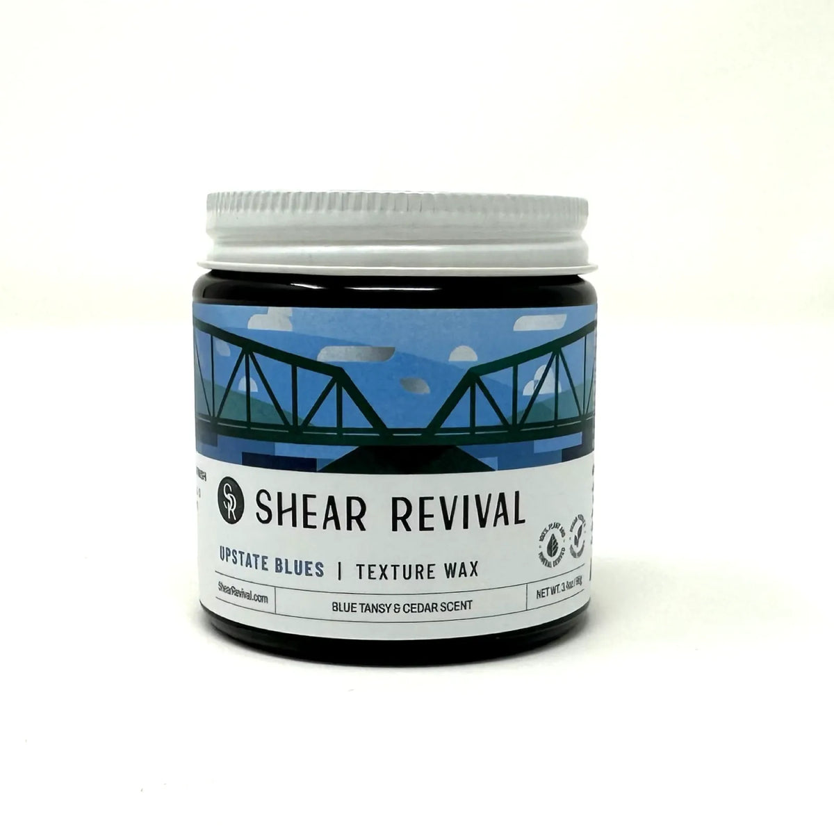 SHEAR REVIVAL Upstate Blues Texture Wax: tarro frontal sobre fondo blanco