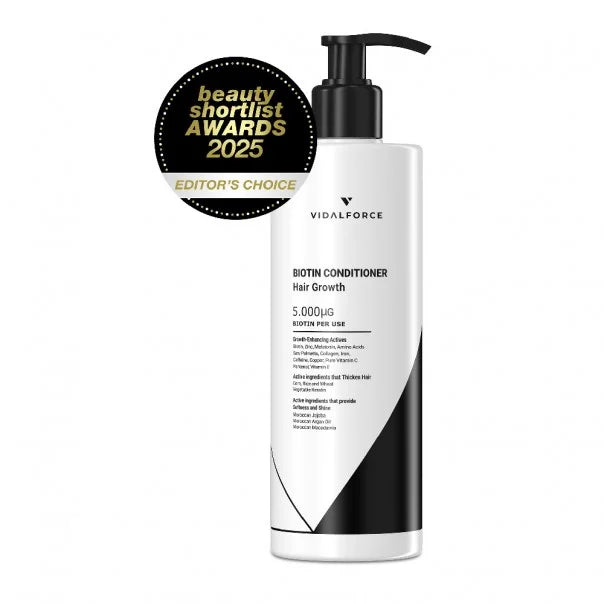 VIDALFORCE acondicionador con biotina: botella con sello Beauty Shortlist Awards 2025 Editor's Choice