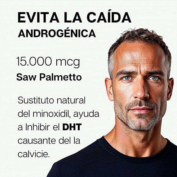 Infografía de VIDALFORCE champú con biotina y saw palmetto, con retrato de hombre