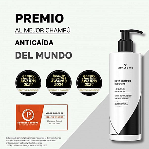 Infografía de premios de VIDALFORCE champú con biotina junto a la botella