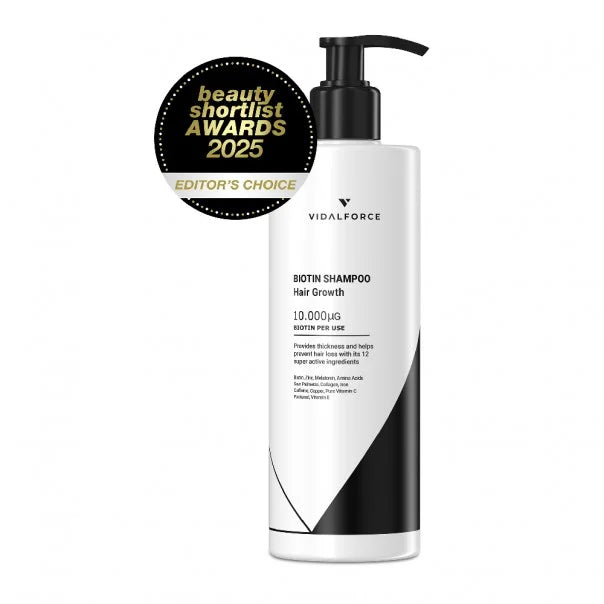 VIDALFORCE champú con biotina: botella con sello Beauty Shortlist Awards 2025