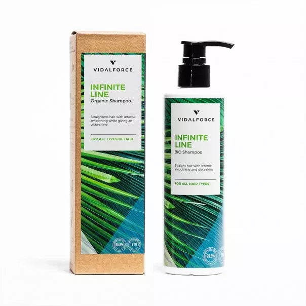 VIDALFORCE INFINITE LINE champú para pelo liso: caja y botella verde