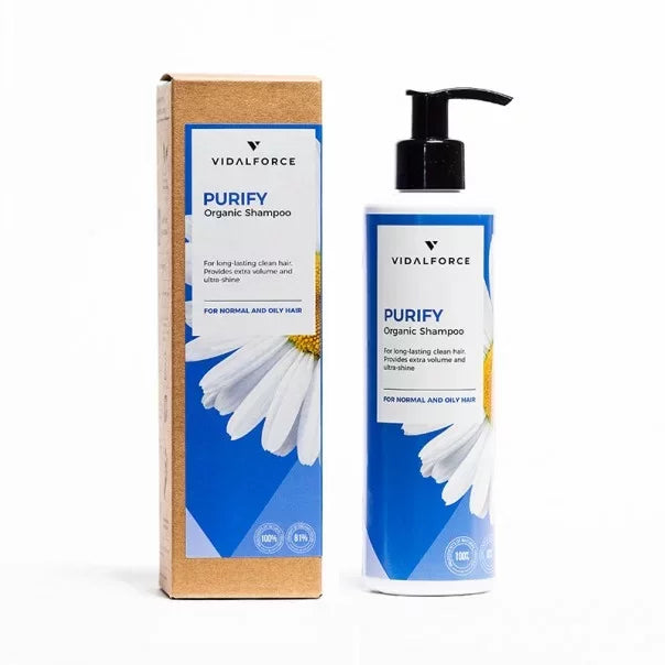 VIDALFORCE PURIFY champú para cabello graso: caja y botella azul con flor de manzanilla
