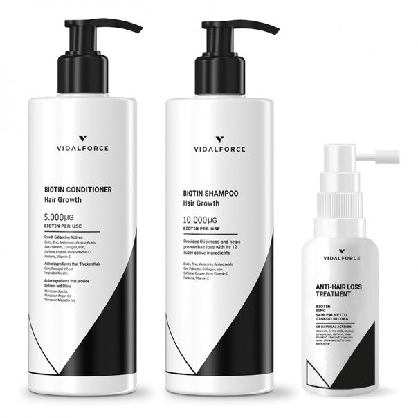 Tratamiento intensivo anticaída: acondicionador, champú y spray de tratamiento de biotina VIDALFORCE