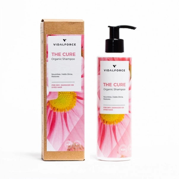 VIDALFORCE THE CURE champú ultra-reparador: caja y botella con flores rosas