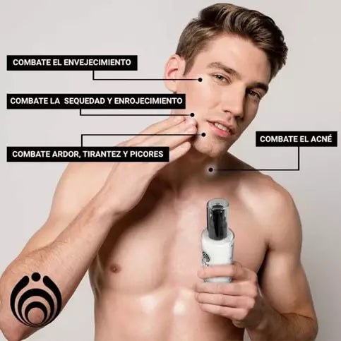 Infografía de WIDES PACIFIC after shave con un hombre sin camiseta sosteniendo la botella
