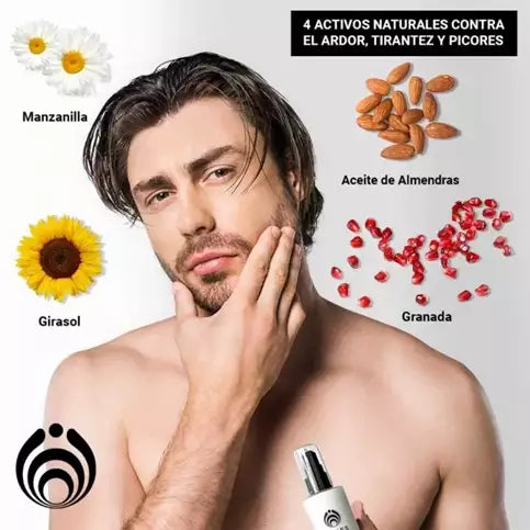Infografía de WIDES PACIFIC after shave con cuatro activos: manzanilla, aceite de almendras, girasol y granada