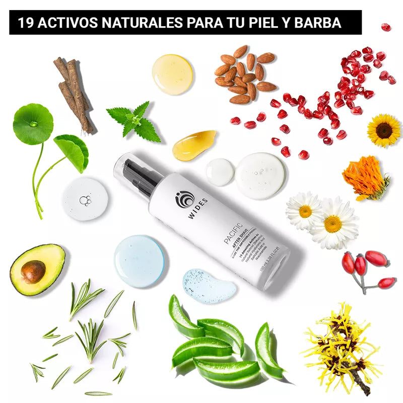 Infografía de WIDES PACIFIC after shave con 19 activos naturales alrededor de la botella