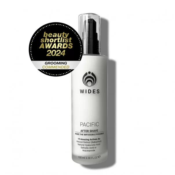 WIDES PACIFIC after shave: botella con sello Beauty Shortlist Awards 2024