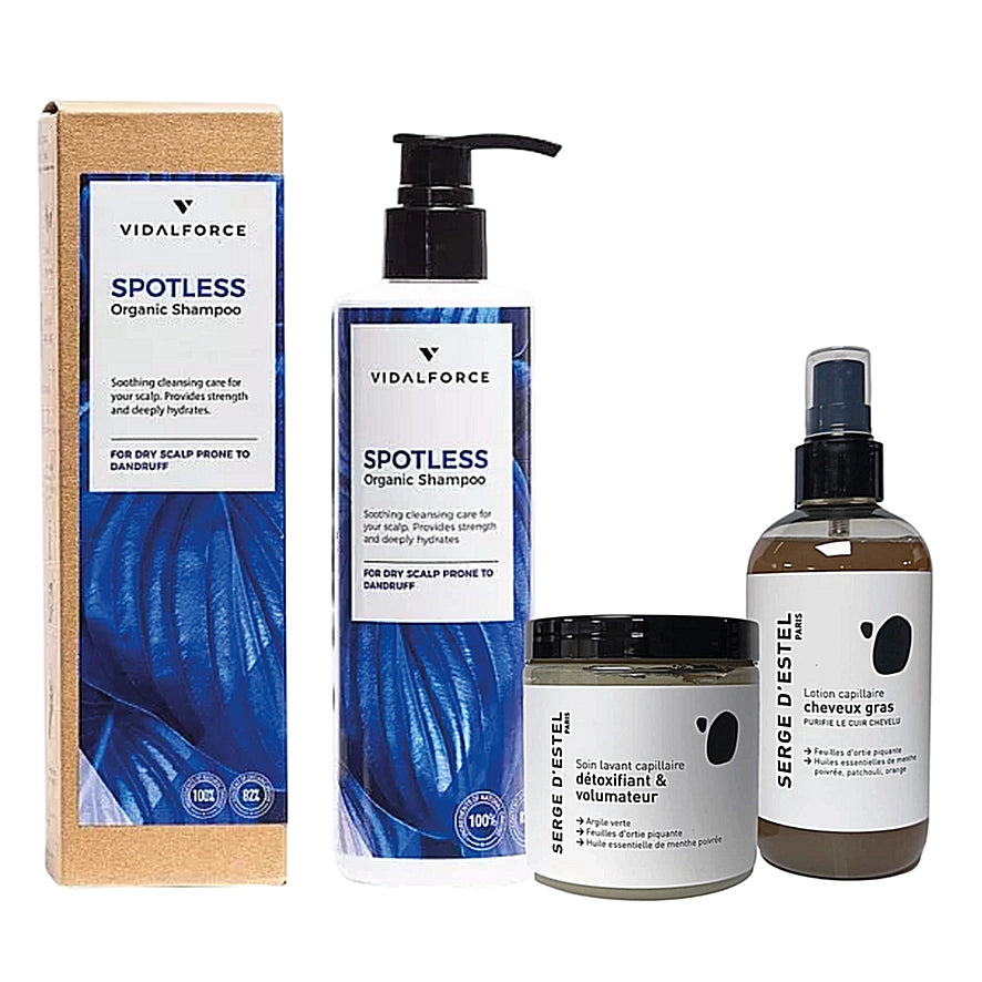 Tratamiento intensivo para cabello graso: champú VIDALFORCE SPOTLESS con caja, tarro y loción SERGE D'ESTEL